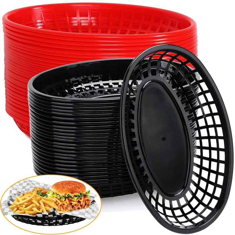 LOSYHU 50 Pack Fast Food Baskets  9"" x 5.7"" Reusable Plastic Food Serving Baskets  Plastic Oval Food Baskets for Party Picnic BBQ Burger Fries Sandwiches  Black and Red - Image 1